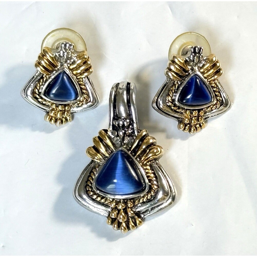 Vintage Two-Tone Silver & Gold Blue Cat’s Eye Pendant & Earrings Set Trillion